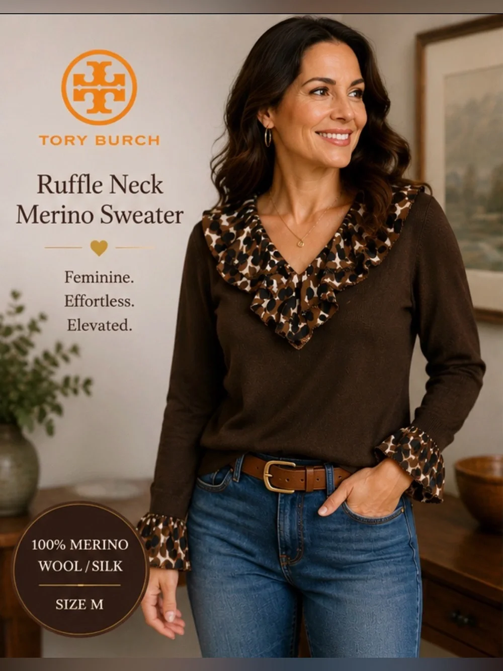 Tory Burch Ruffle Neck Sweater M Brown Merino Wool Silk Animal Print Cuffs